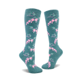 Pair of teal knee-high socks adorned with a repeating pattern of pink bleeding heart flowers and green stems.