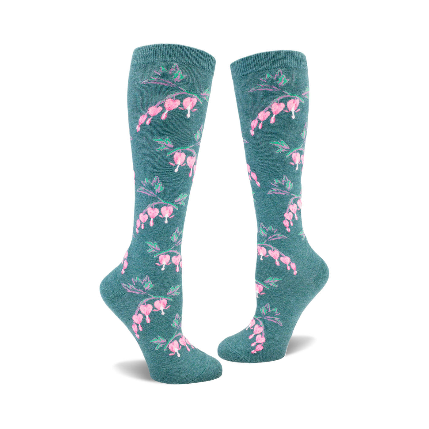 Pair of teal knee-high socks adorned with a repeating pattern of pink bleeding heart flowers and green stems.