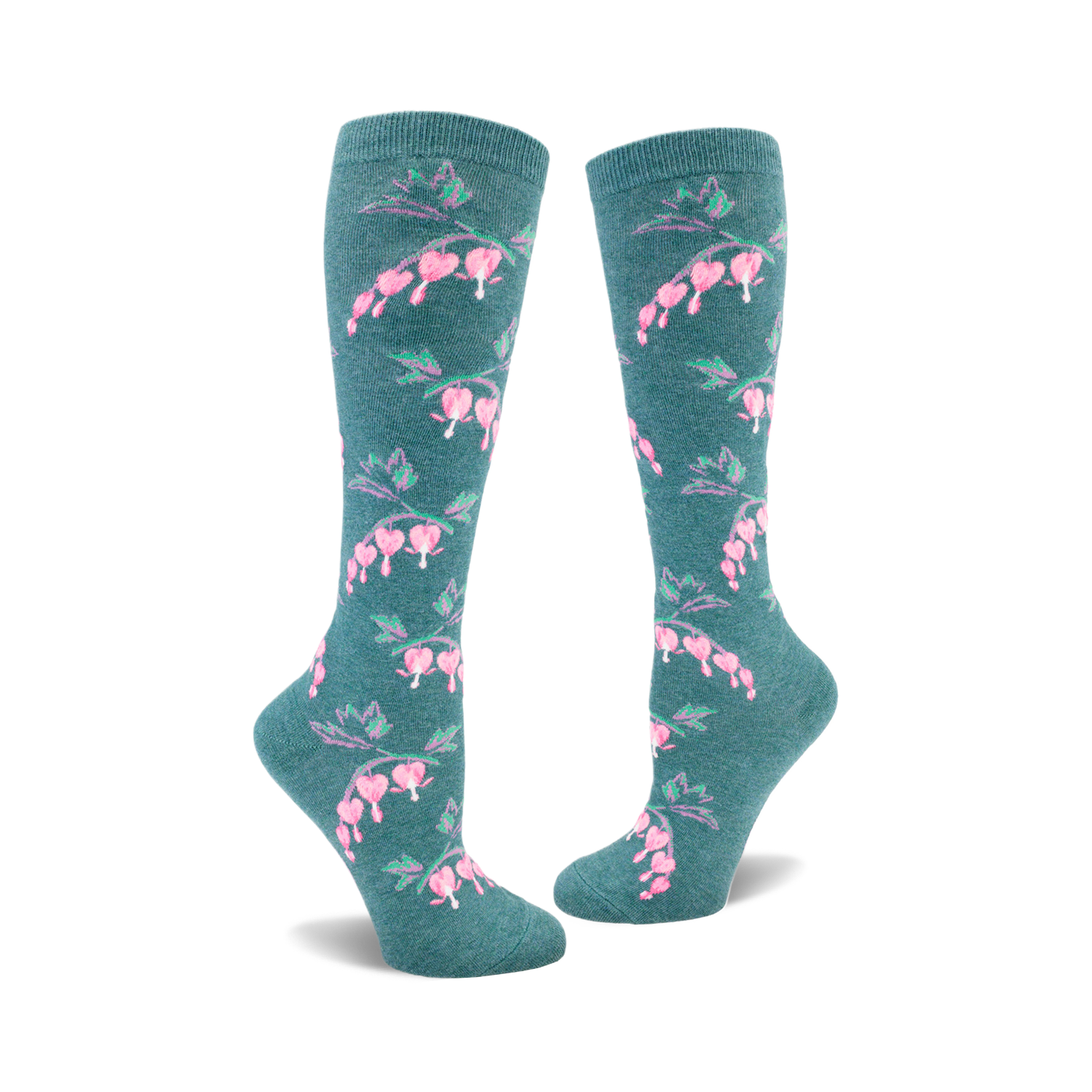 Pair of teal knee-high socks adorned with a repeating pattern of pink bleeding heart flowers and green stems.