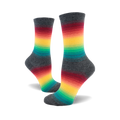 Pair of crew socks in grey with horizontal rainbow stripes of red, orange, yellow, green, and teal.