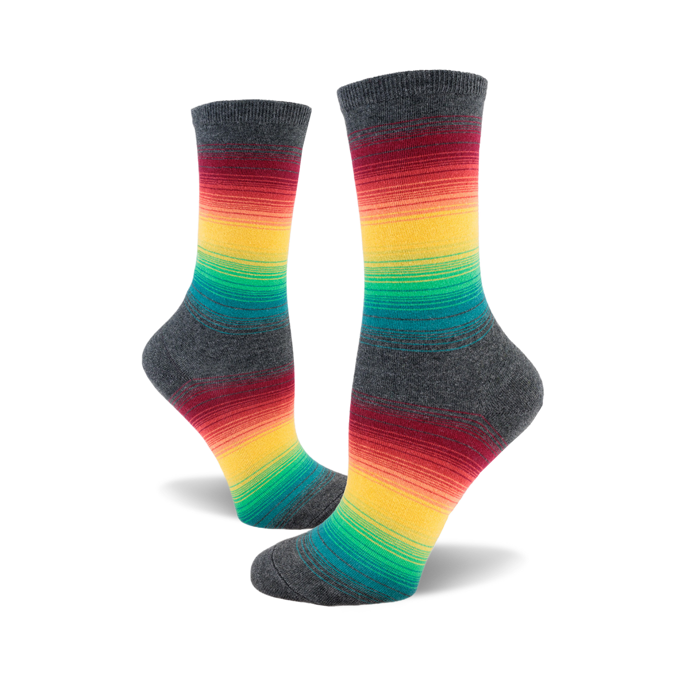 Pair of crew socks in grey with horizontal rainbow stripes of red, orange, yellow, green, and teal.