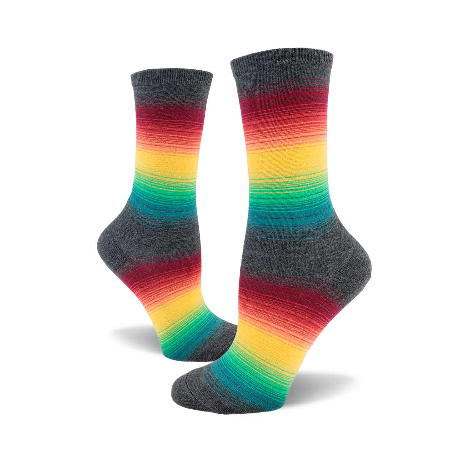 Pair of crew socks in grey with horizontal rainbow stripes of red, orange, yellow, green, and teal.