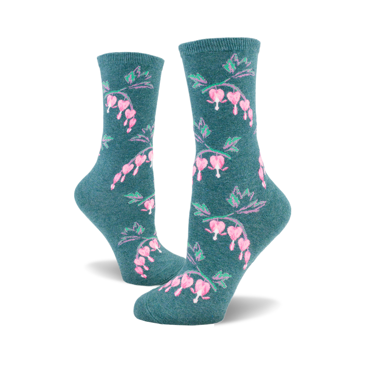Pair of teal crew socks with a repeating pattern of pink bleeding heart flowers and green stems.