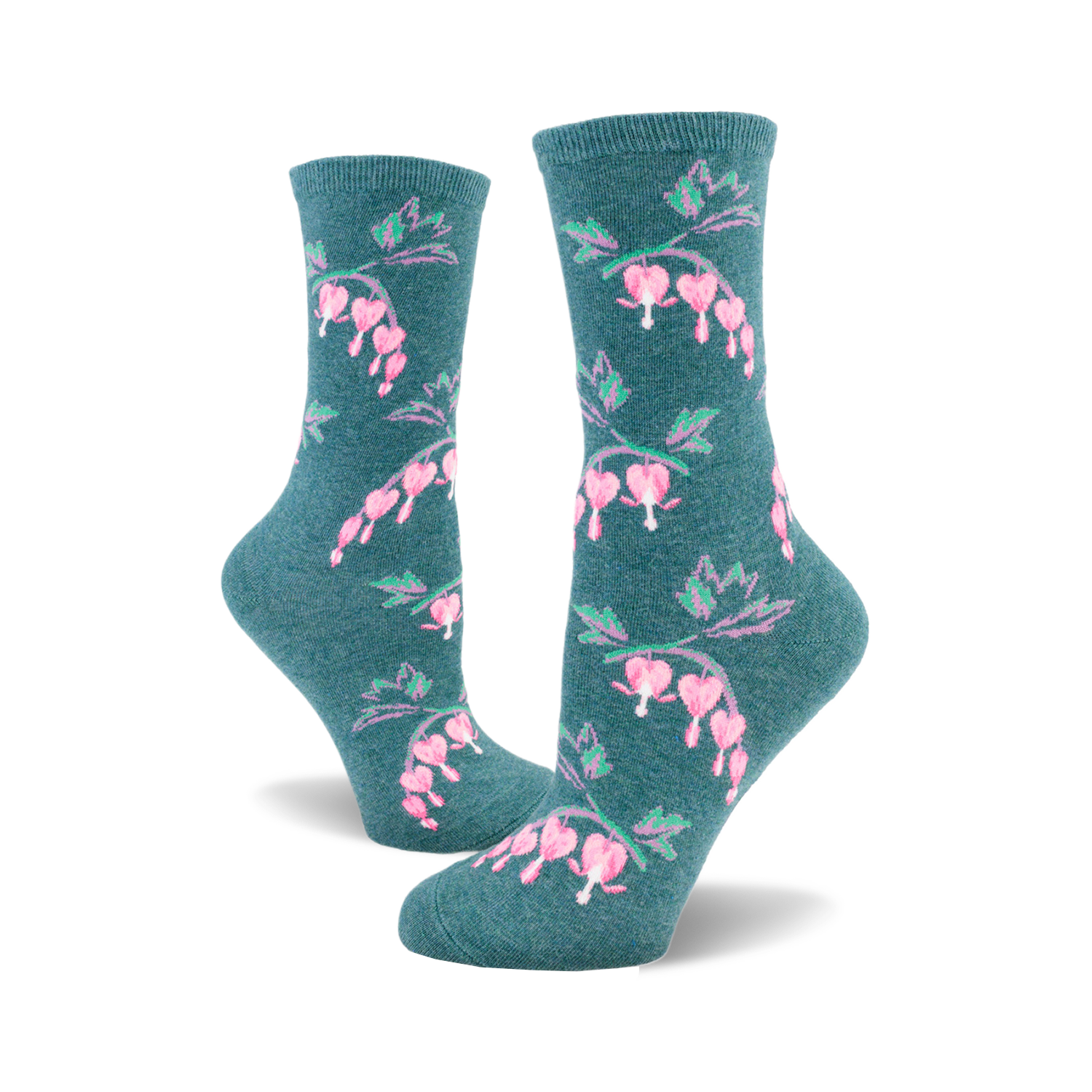 Pair of teal crew socks with a repeating pattern of pink bleeding heart flowers and green stems.