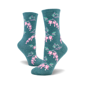 side view of two teal crew socks with a pink bleeding heart flower pattern.