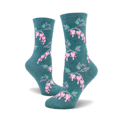 side view of two teal crew socks with a pink bleeding heart flower pattern.