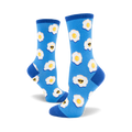 A pair of women's crew socks in blue with a pattern of fried eggs wearing sunglasses. Yellow yolks and white egg whites stand out on the vibrant blue background.