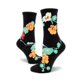 Flat lay showcasing all three color options of the women's nasturtium crew socks: purple, burgundy, and black.