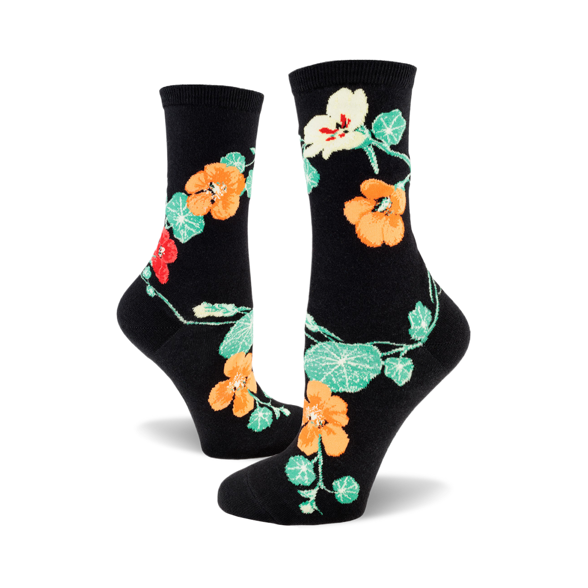 Flat lay showcasing all three color options of the women's nasturtium crew socks: purple, burgundy, and black.