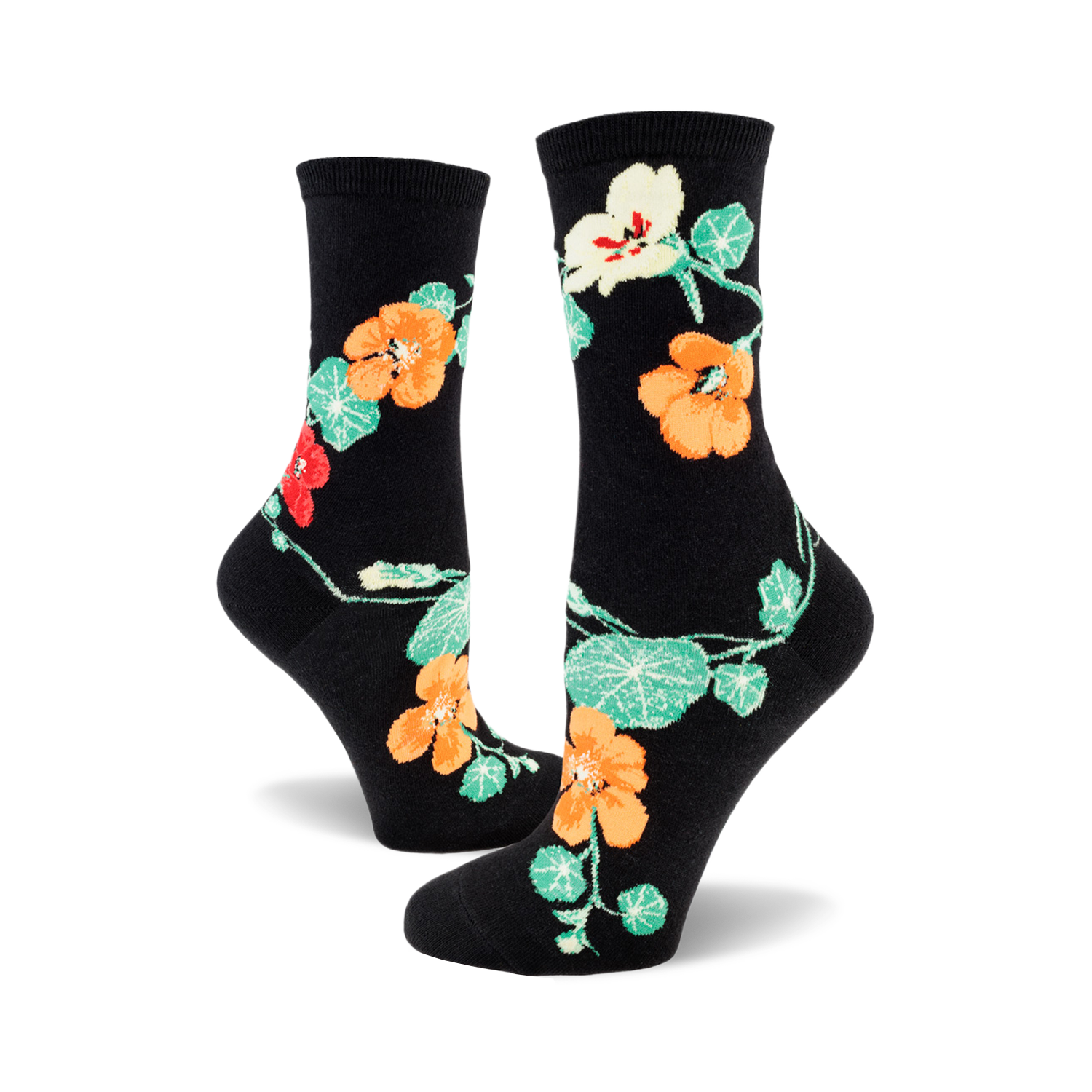 Flat lay showcasing all three color options of the women's nasturtium crew socks: purple, burgundy, and black.