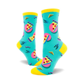 Teal crew socks with a vibrant 80s-themed pizza design. Pink, yellow, and purple accents on a teal background.