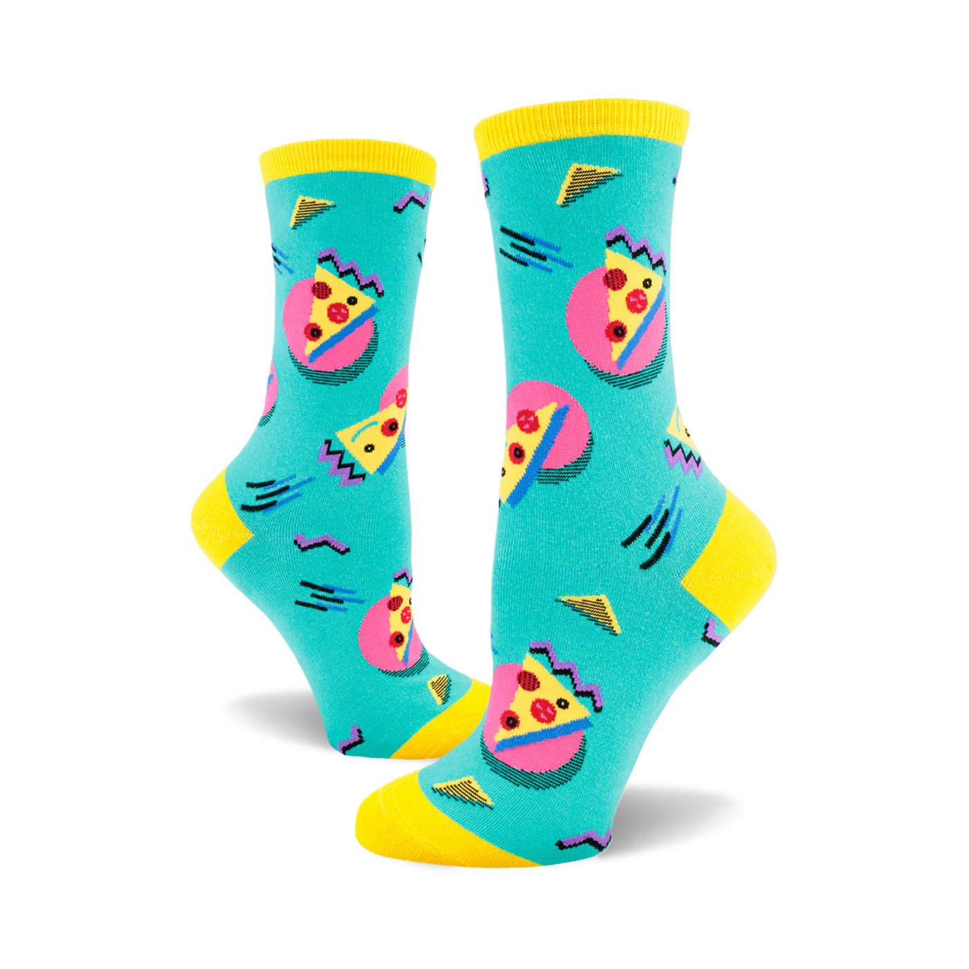 Teal crew socks with a vibrant 80s-themed pizza design. Pink, yellow, and purple accents on a teal background.