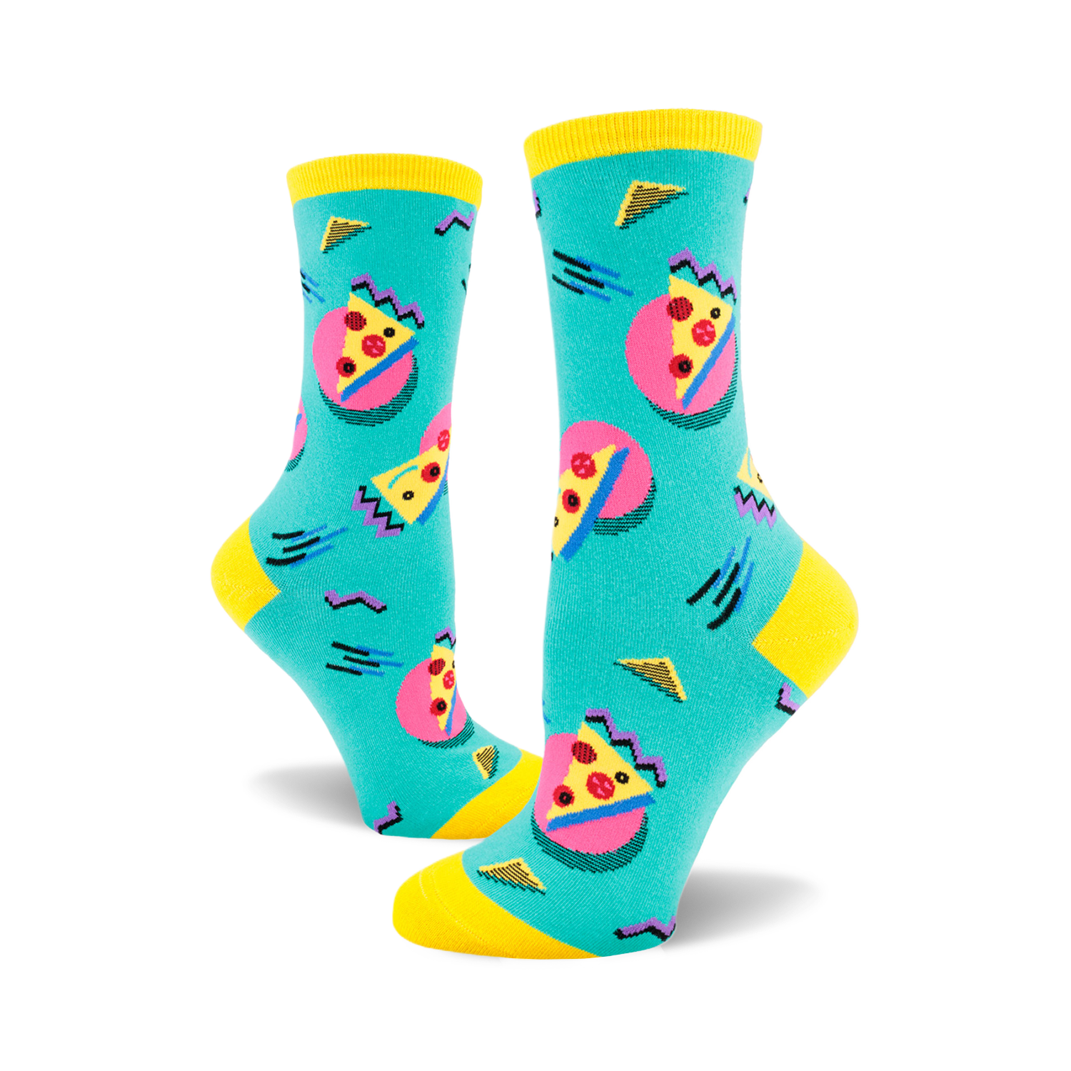 Teal crew socks with a vibrant 80s-themed pizza design. Pink, yellow, and purple accents on a teal background.