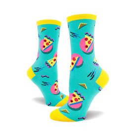 side view of two teal socks with yellow, pink, and purple pizza slices on a geometric 80s pattern.