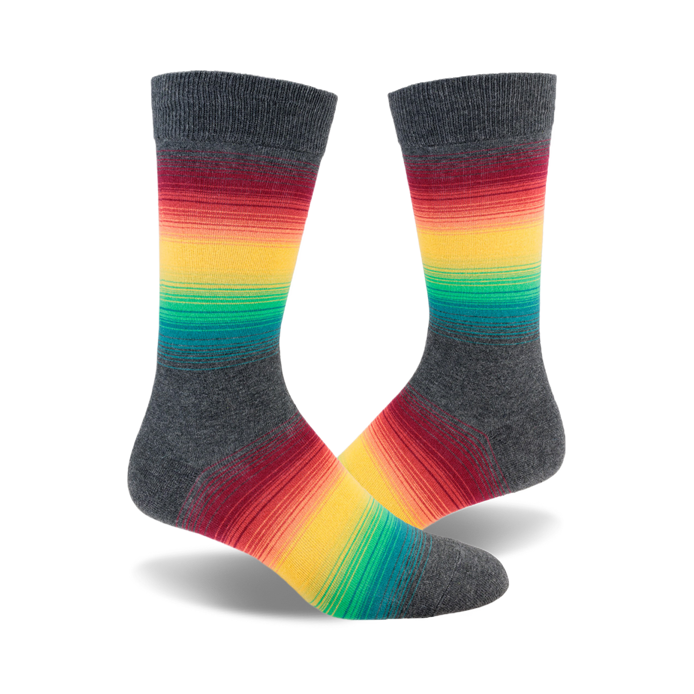 Pair of crew socks in charcoal grey with a horizontal dark rainbow stripe design.  Colors include red, orange, yellow, green, and teal.