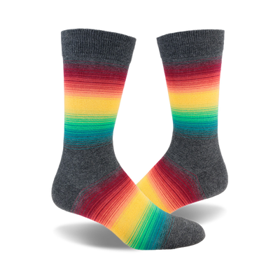 front view of a pair of rainbow striped crew socks.