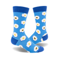 Pair of blue crew socks with a pattern of fried eggs wearing sunglasses.  The eggs are yellow and white on a light blue background.