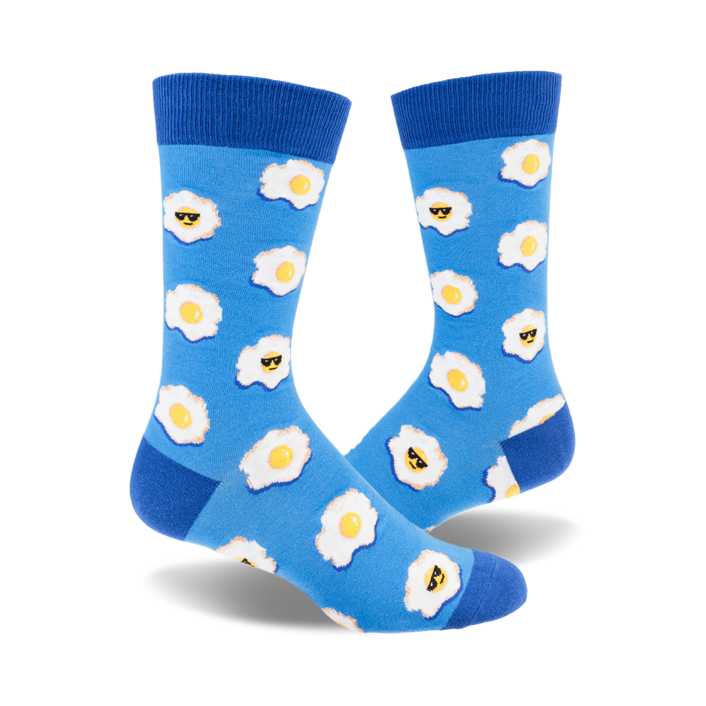 Pair of blue crew socks with a pattern of fried eggs wearing sunglasses.  The eggs are yellow and white on a light blue background.