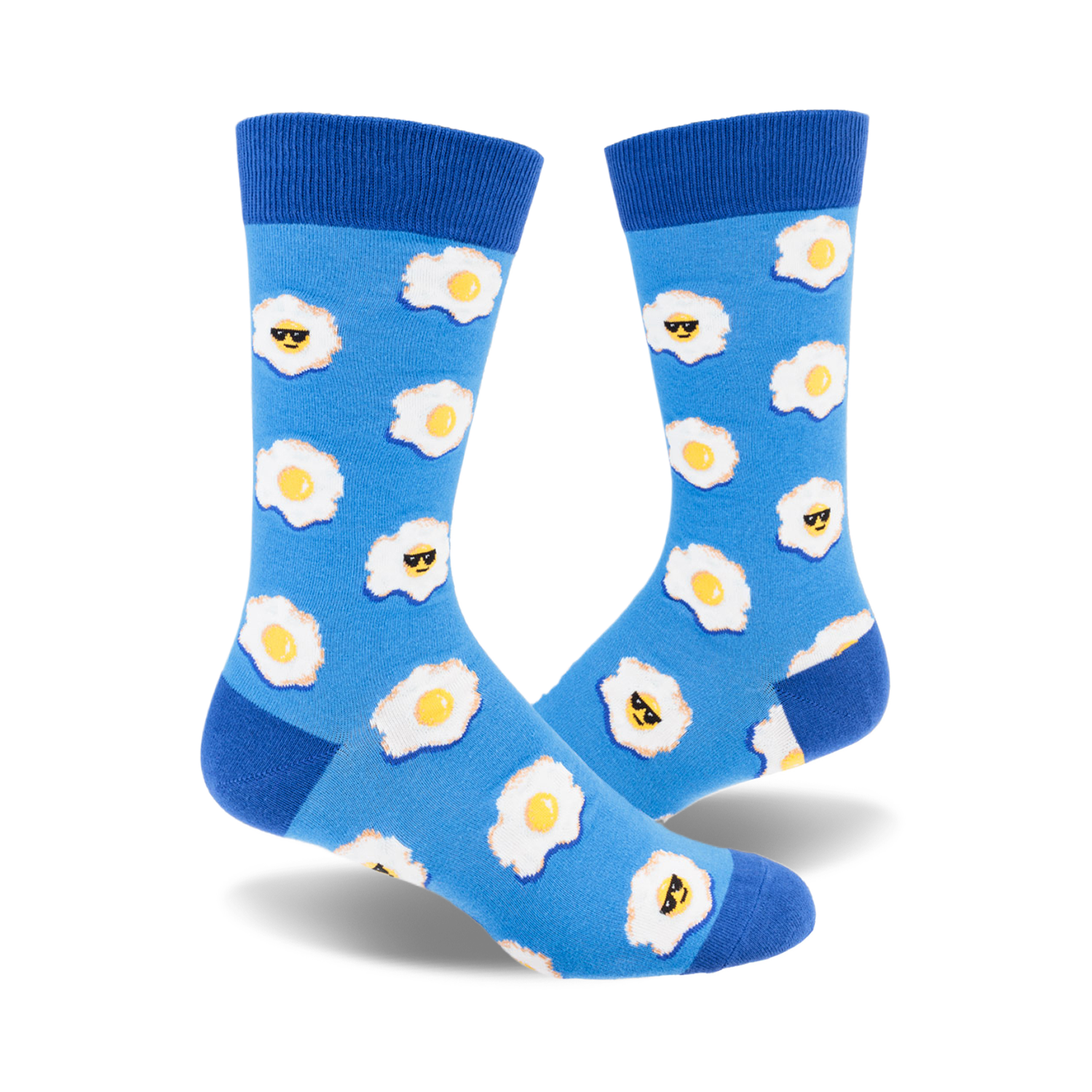 Pair of blue crew socks with a pattern of fried eggs wearing sunglasses.  The eggs are yellow and white on a light blue background.