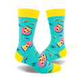 Crew socks in teal, yellow, and pink, featuring a fun 80s design and pizza slices.