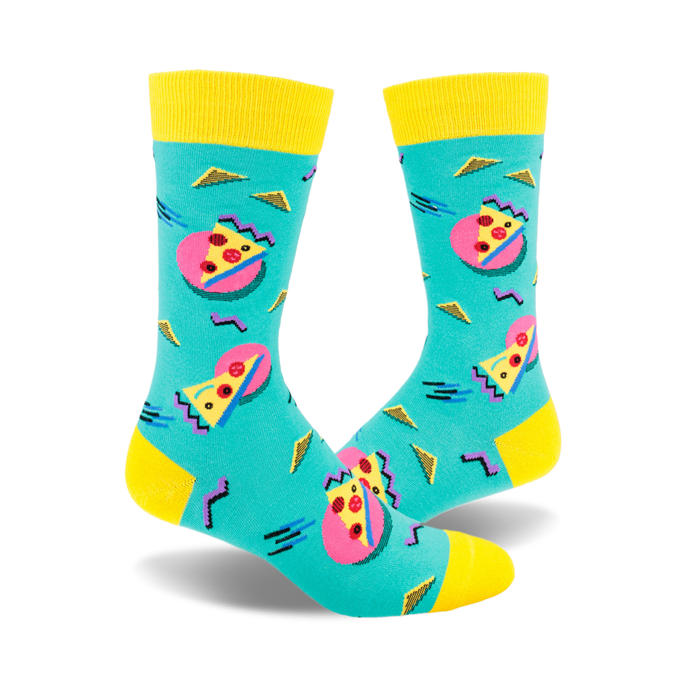 Crew socks in teal, yellow, and pink, featuring a fun 80s design and pizza slices.