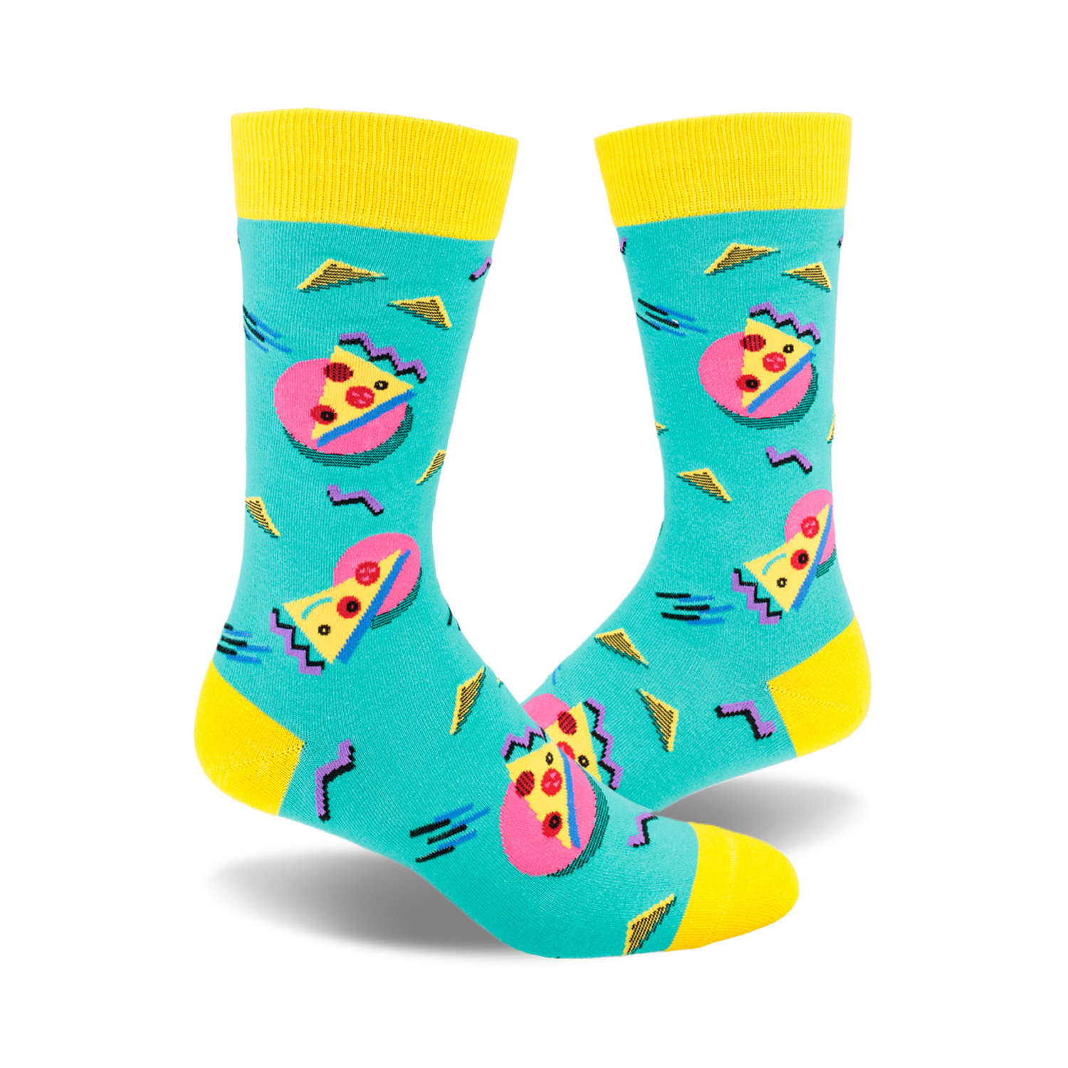 Crew socks in teal, yellow, and pink, featuring a fun 80s design and pizza slices.