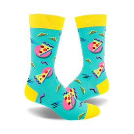 front view of two blue socks with a pizza slice pattern in a bright, 80s-style design.