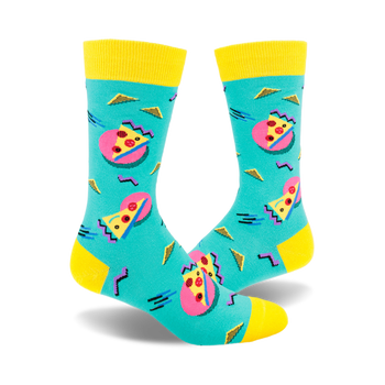 front view of two blue socks with a pizza slice pattern in a bright, 80s-style design.