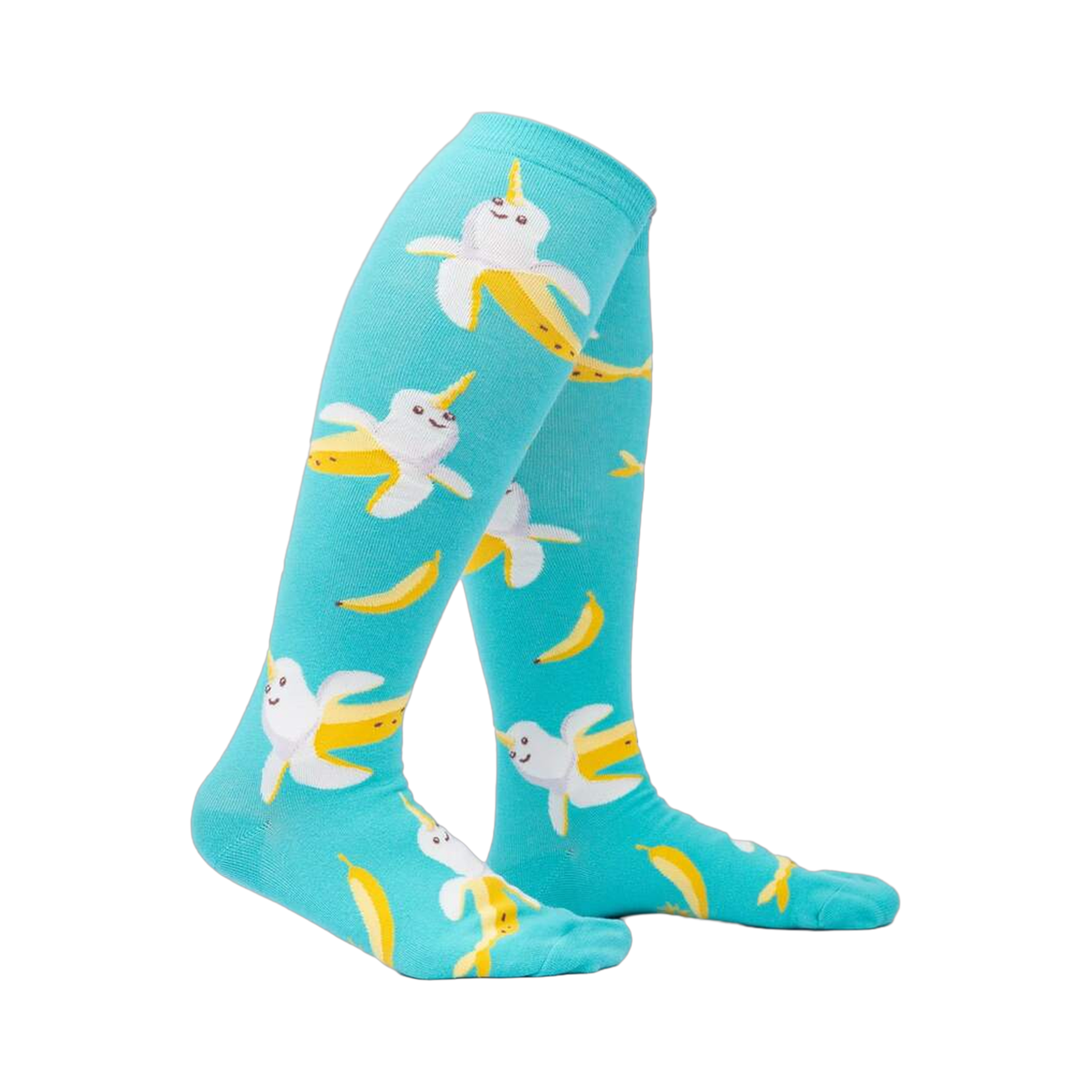 Lifestyle shot: Model wearing teal Bananarwhal knee-high socks, showcasing the fit and fun design.