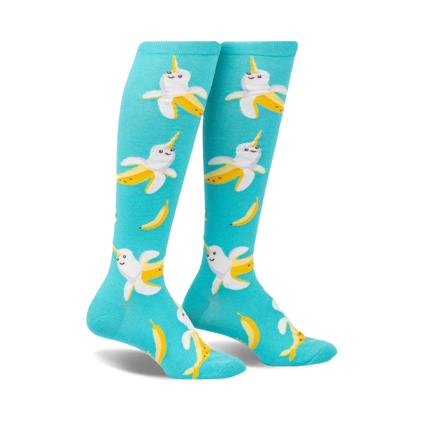 Pair of teal knee-high socks with a whimsical pattern of smiling banana-narwhals. 