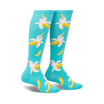 bananarwhal animal themed womens blue novelty knee high socks