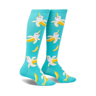 blue knee-high socks with white narwhals with banana-shaped bodies, horn. for women.  