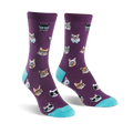 Crew socks in purple with a pattern of cats wearing glasses and sunglasses.  The cuffs are teal.