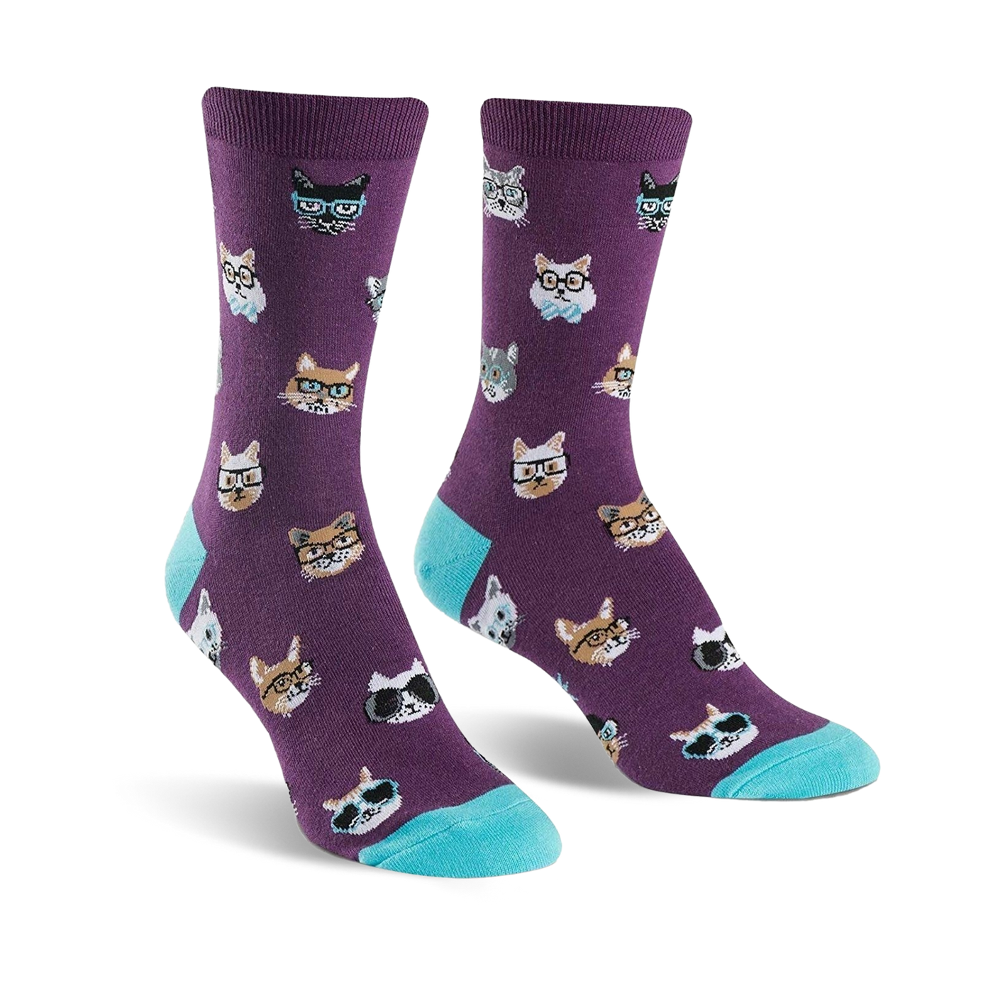 Crew socks in purple with a pattern of cats wearing glasses and sunglasses.  The cuffs are teal.