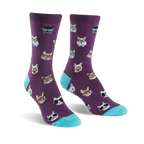 Crew socks in purple with a pattern of cats wearing glasses and sunglasses.  The cuffs are teal.