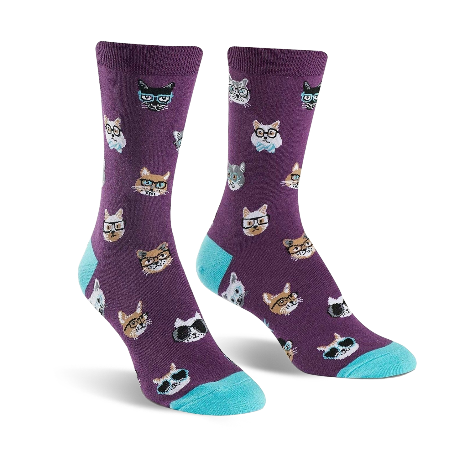 Crew socks in purple with a pattern of cats wearing glasses and sunglasses.  The cuffs are teal.