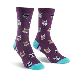  purple crew socks with black, white, and gray cartoon cats wearing glasses. smarty cats womens socks.  