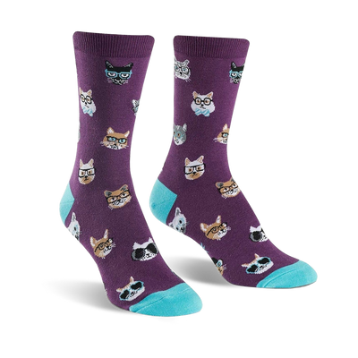  purple crew socks with black, white, and gray cartoon cats wearing glasses. smarty cats womens socks.  