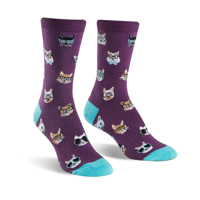  purple crew socks with black, white, and gray cartoon cats wearing glasses. smarty cats womens socks.   }}