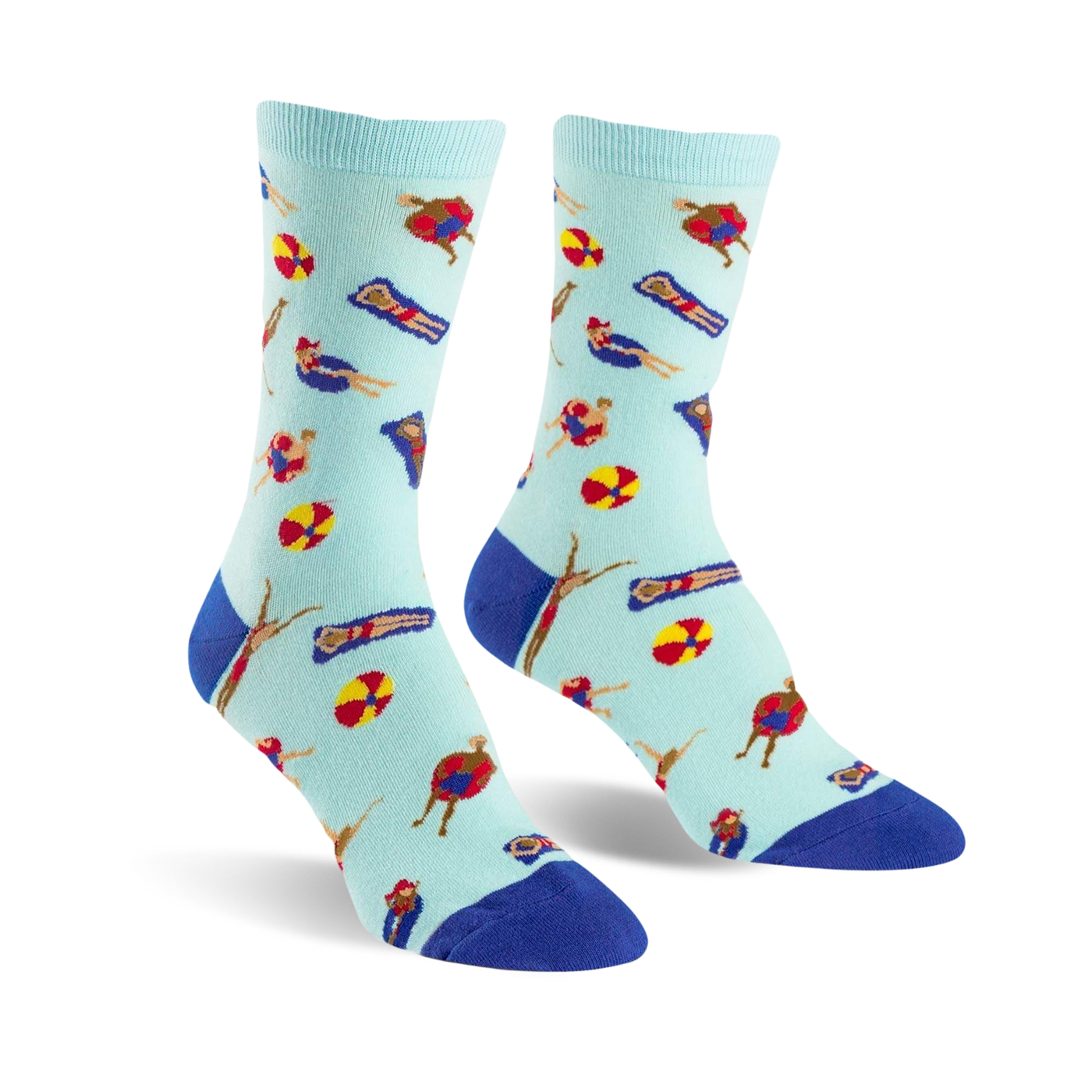 Pair of crew socks in light blue with a playful pattern of cartoon swimmers and beach balls in red, yellow, and dark blue.
