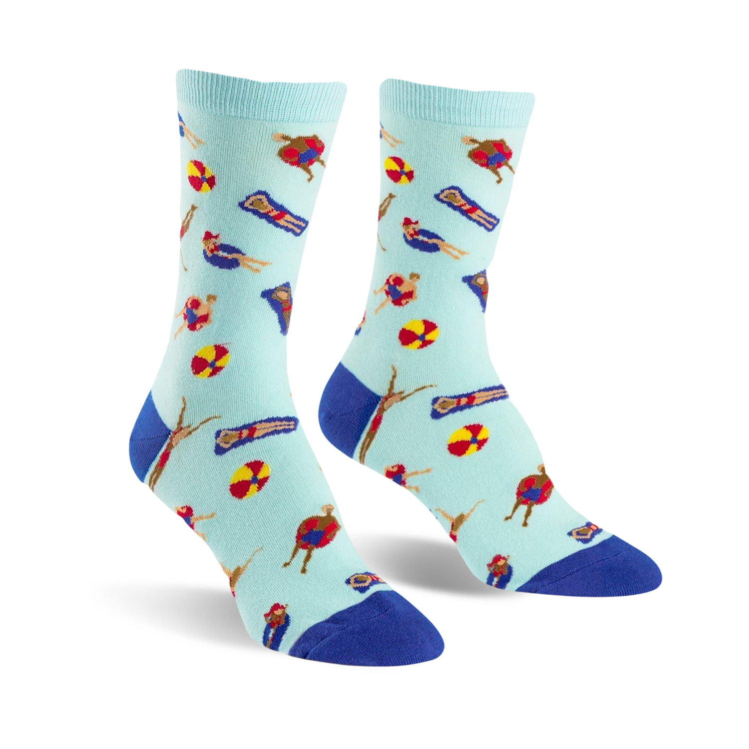 Pair of crew socks in light blue with a playful pattern of cartoon swimmers and beach balls in red, yellow, and dark blue.