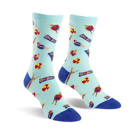 womens blue crew socks featuring people swimming and floating on pool floats; perfect summer accessory.  