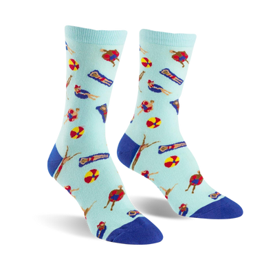 womens blue crew socks featuring people swimming and floating on pool floats; perfect summer accessory.  