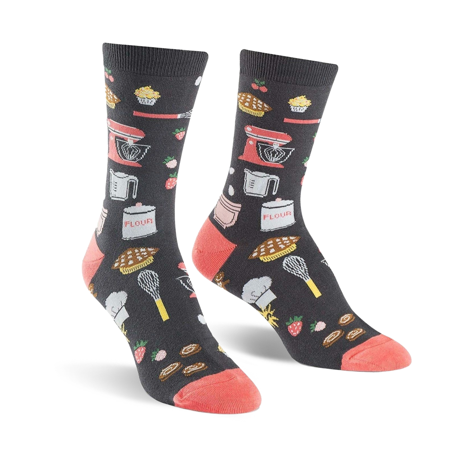 Pair of crew socks in dark gray with coral toes and heels.  The socks are adorned with illustrations of kitchen tools, baked goods, and strawberries.