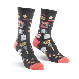 black crew socks for women with a pattern of kitchen utensils and food in pink and blue.   