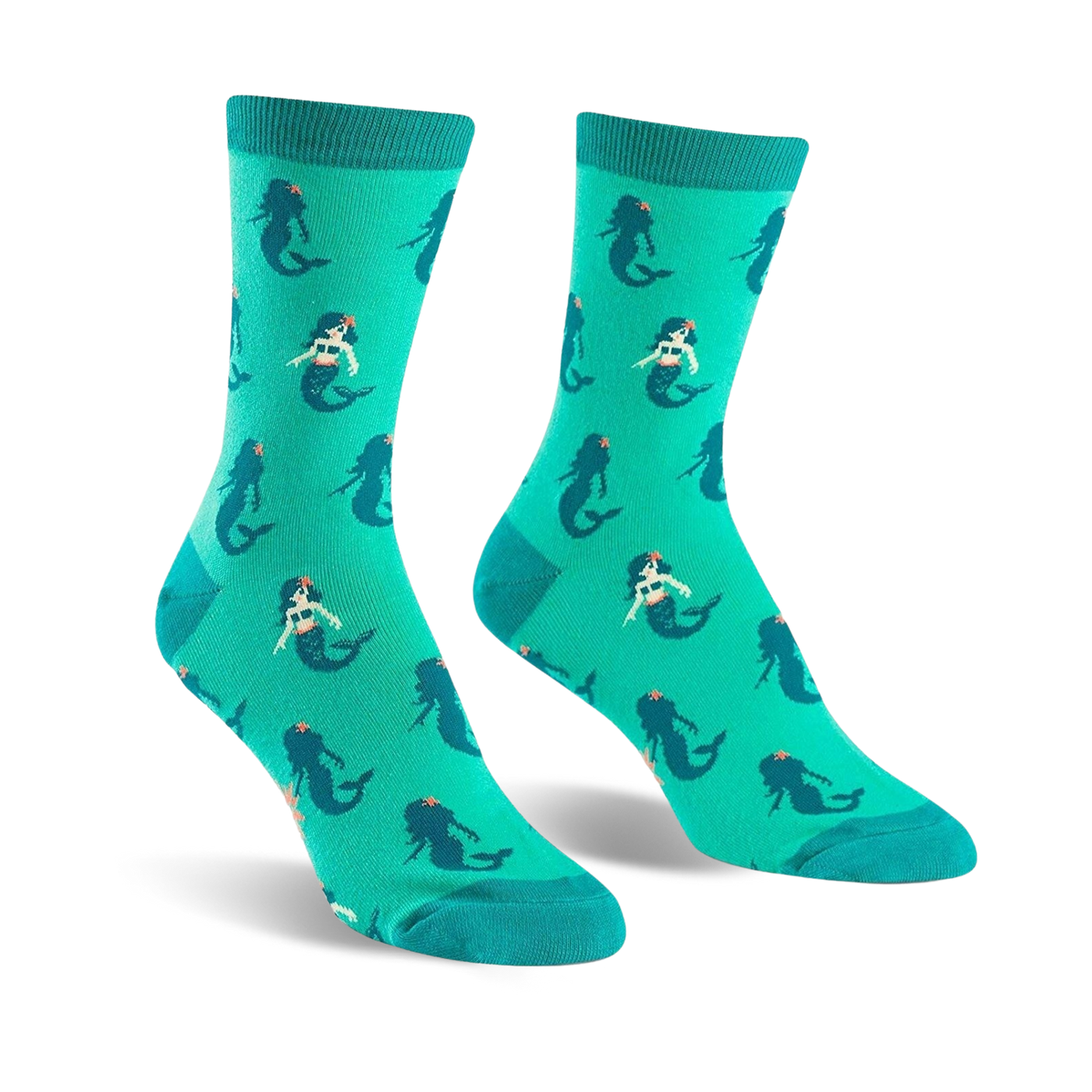 Pair of teal crew socks featuring a repeating pattern of cute cartoon mermaids. 