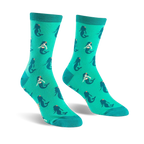 Pair of teal crew socks featuring a repeating pattern of cute cartoon mermaids. 