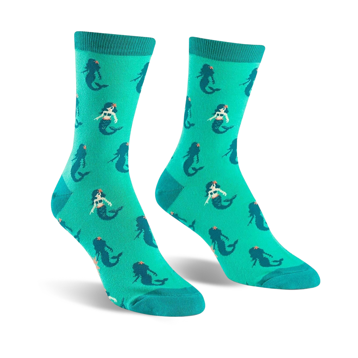 Pair of teal crew socks featuring a repeating pattern of cute cartoon mermaids. 