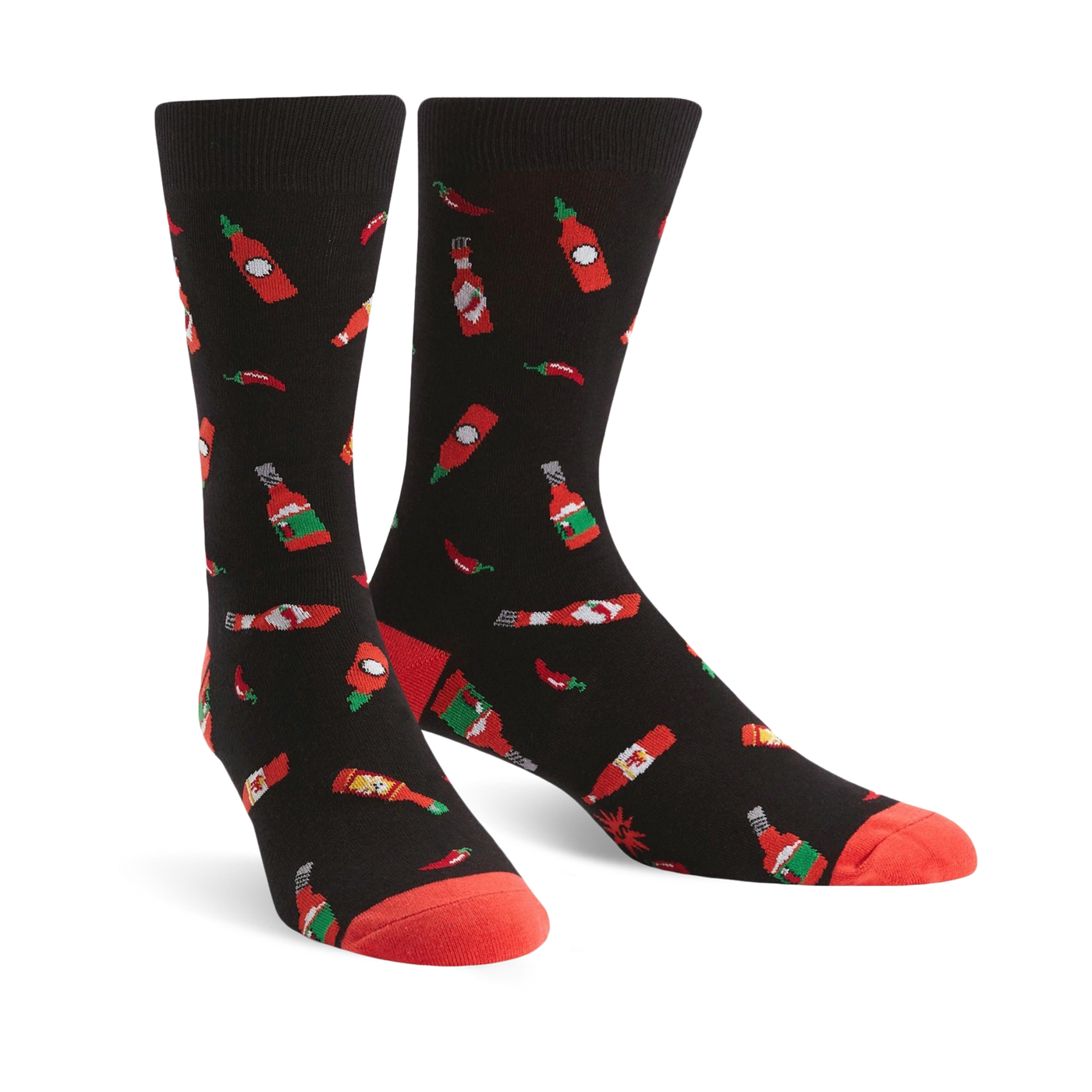 Pair of black crew socks with a pattern of red hot sauce bottles and chili peppers. Red accents on the cuffs.