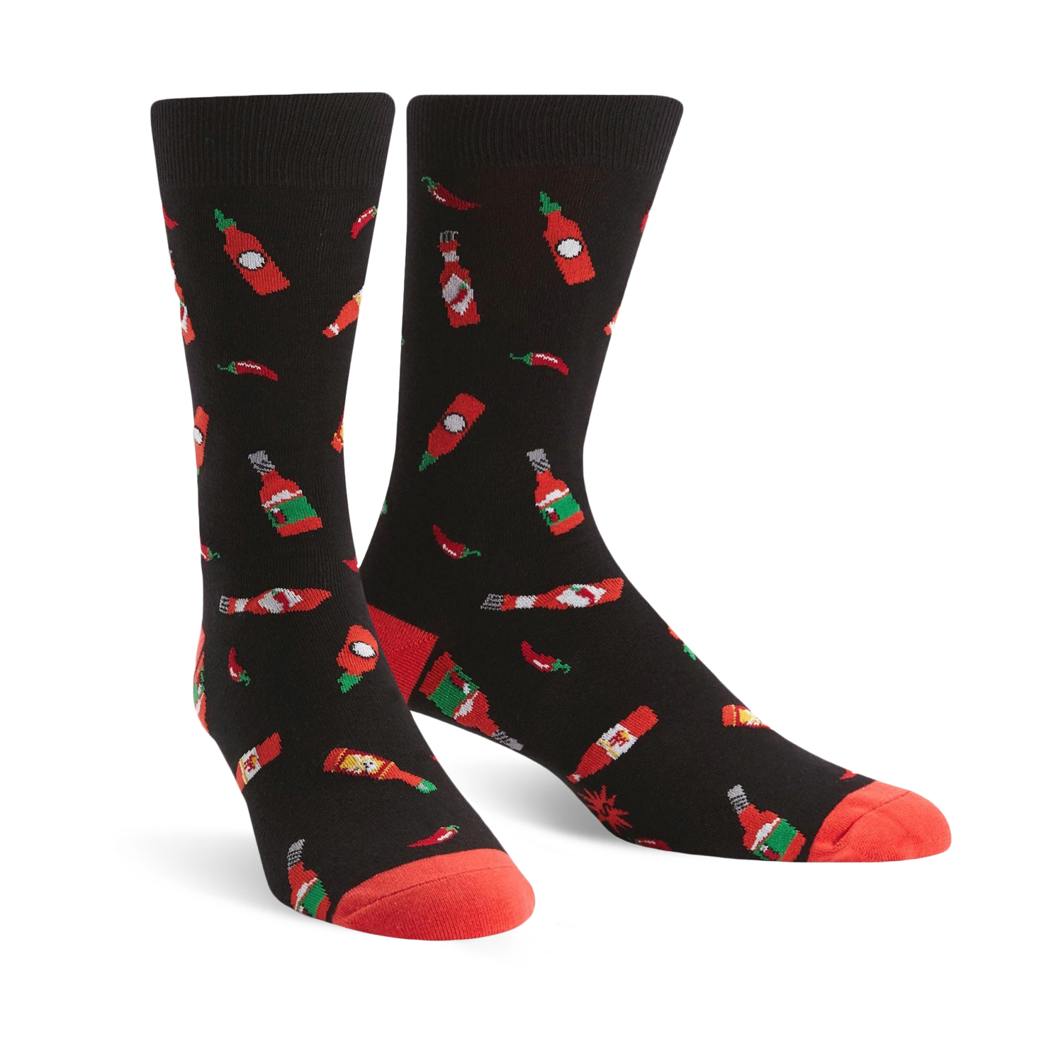 Pair of black crew socks with a pattern of red hot sauce bottles and chili peppers. Red accents on the cuffs.